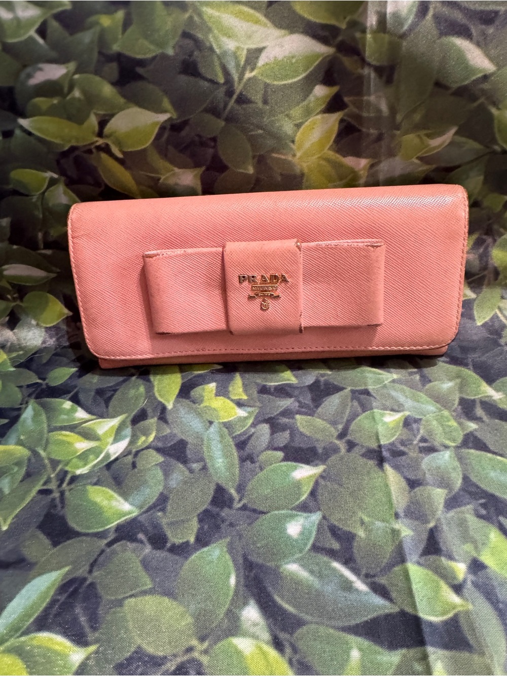 Prada Pink Bow Continental Wallet with Gold Logo
